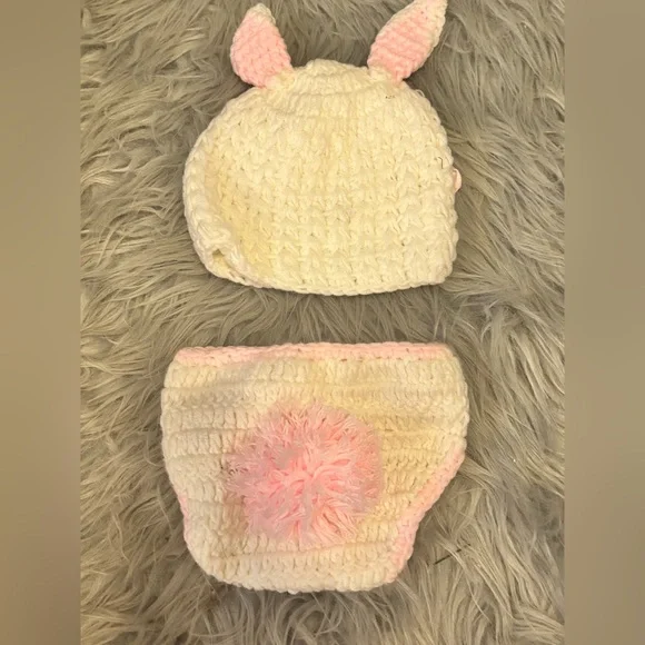 Adorable White and Pink Crochet Baby Hat & Diaper Cover Easter Bunny photo prop - Picture 5 of 6
